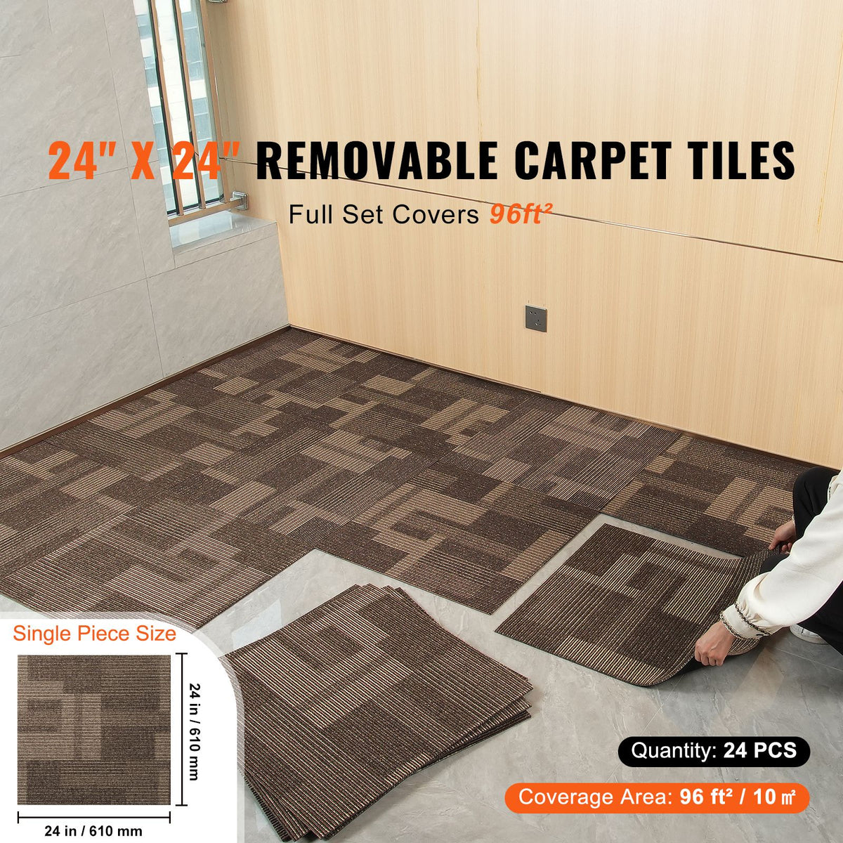 Carpet Tiles Reusable, 24"x 24"Carpet Squares With Padding Attached, Soft Padded Carpet Tiles, Easy Install DIY for Bedroom Living Room (24Tiles, Mixed Brown)