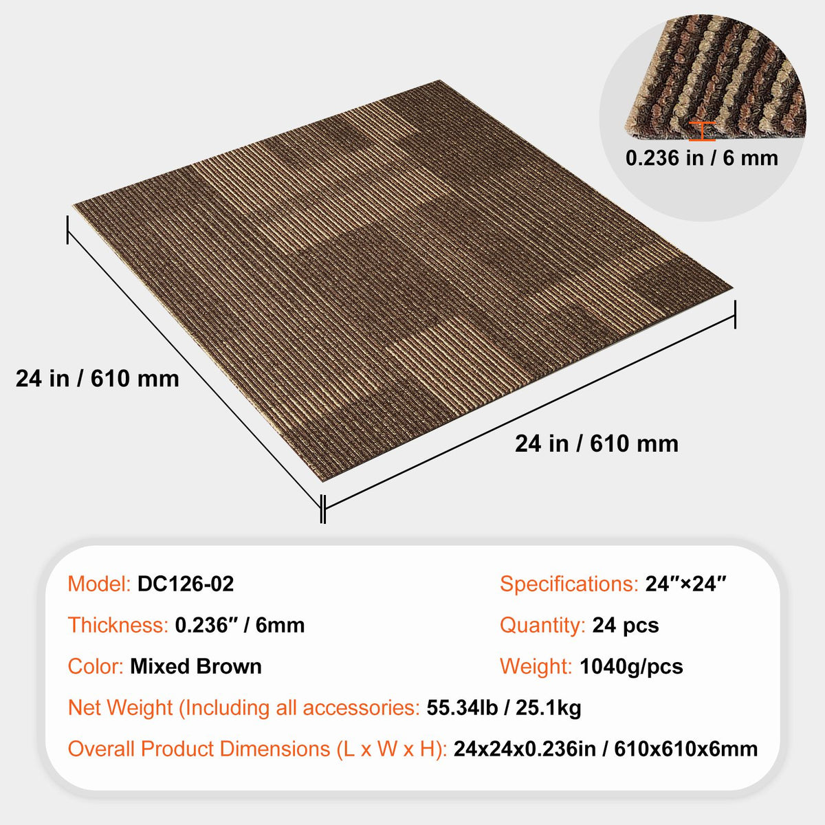 Carpet Tiles Reusable, 24"x 24"Carpet Squares With Padding Attached, Soft Padded Carpet Tiles, Easy Install DIY for Bedroom Living Room (24Tiles, Mixed Brown)