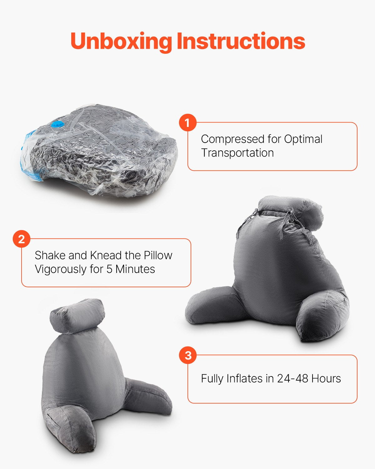 Pillows: VEVOR Reading Pillow, Large Bed Pillow with Removable Headrest, Back Pillow with 3 Pockets, Shredded Memory Foam and Washable Short Velvet Cloth, Side with Handles for Reading, Gaming, Resting, Grey