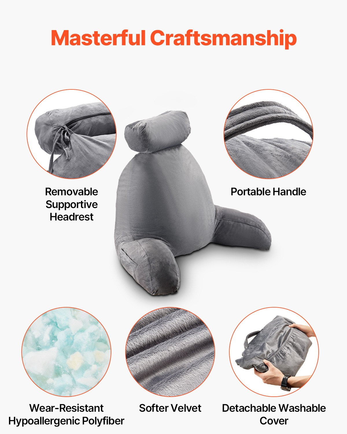 Pillows: VEVOR Reading Pillow, Large Bed Pillow with Removable Headrest, Back Pillow with 3 Pockets, Shredded Memory Foam and Washable Short Velvet Cloth, Side with Handles for Reading, Gaming, Resting, Grey