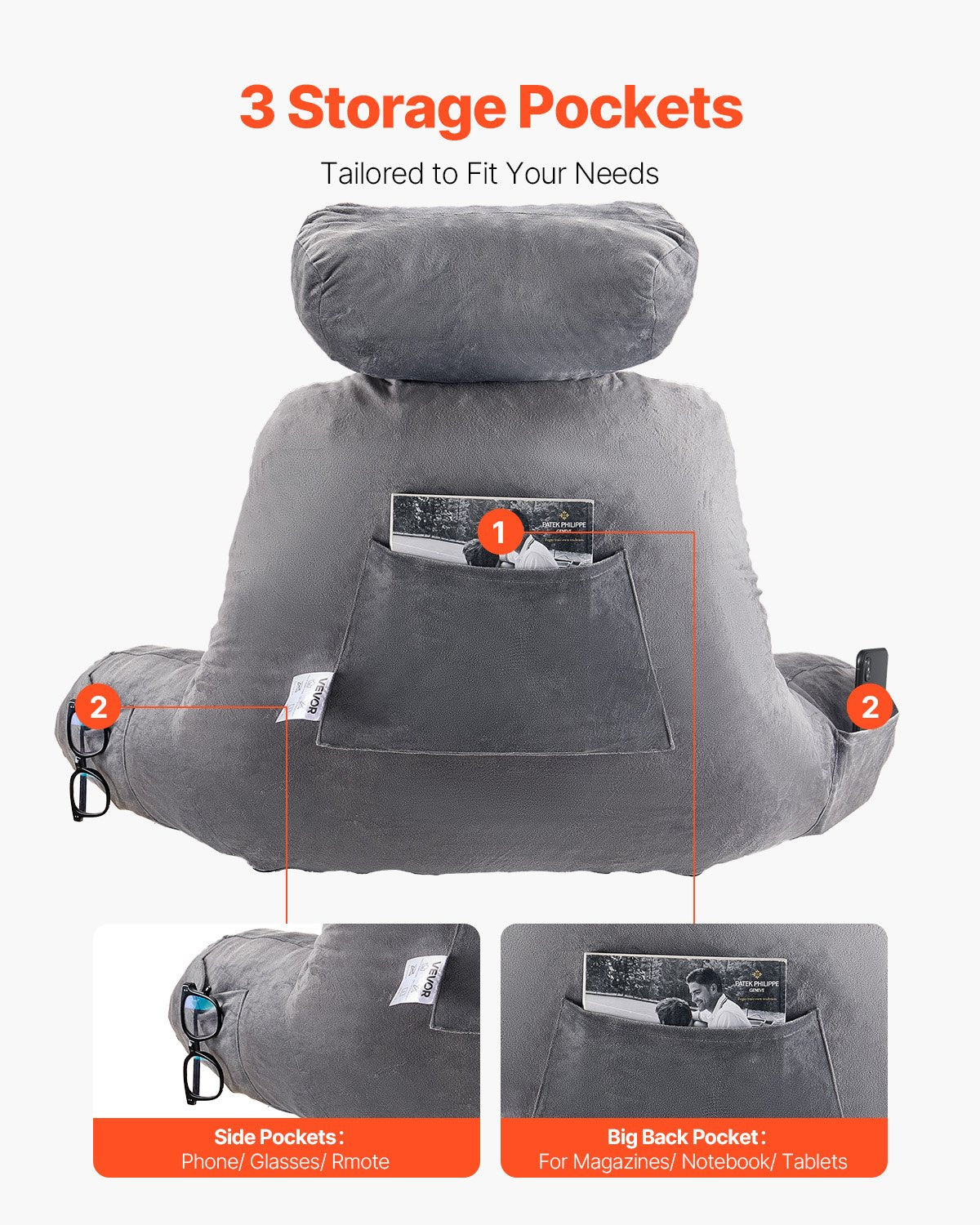 Pillows: VEVOR Reading Pillow, Large Bed Pillow with Removable Headrest, Back Pillow with 3 Pockets, Shredded Memory Foam and Washable Short Velvet Cloth, Side with Handles for Reading, Gaming, Resting, Grey
