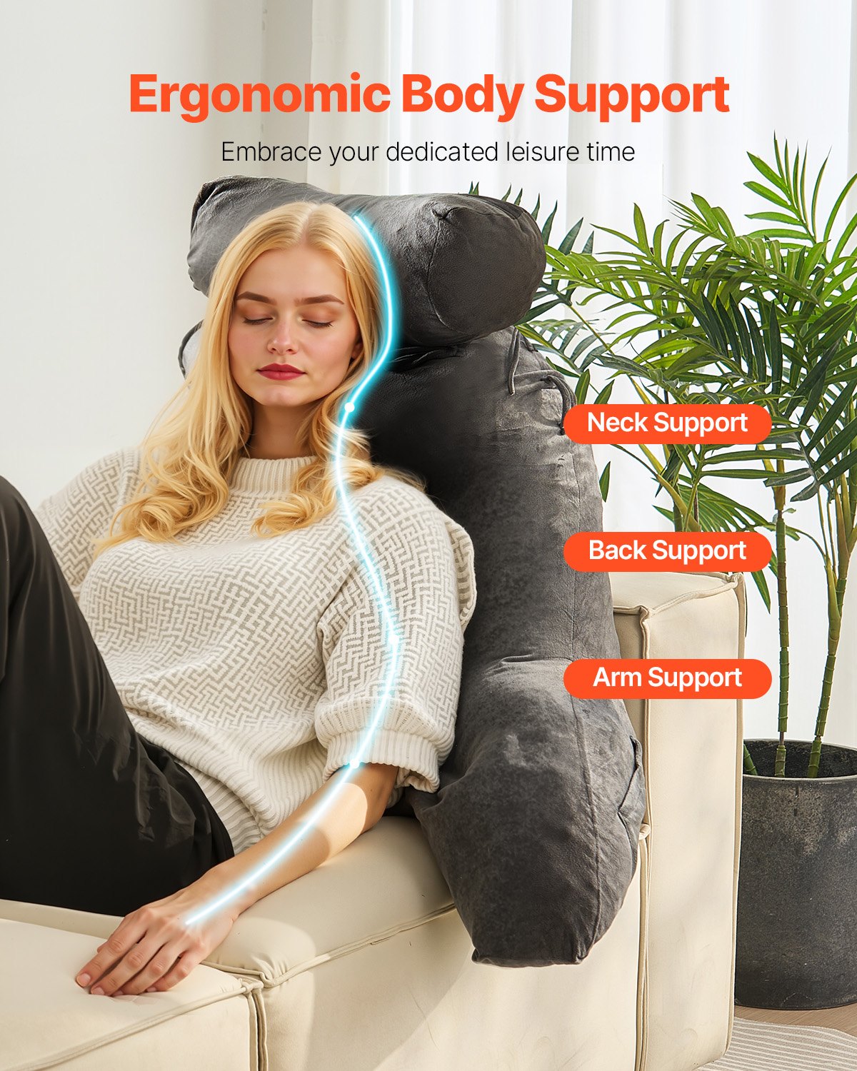 Pillows: VEVOR Reading Pillow, Large Bed Pillow with Removable Headrest, Back Pillow with 3 Pockets, Shredded Memory Foam and Washable Short Velvet Cloth, Side with Handles for Reading, Gaming, Resting, Grey