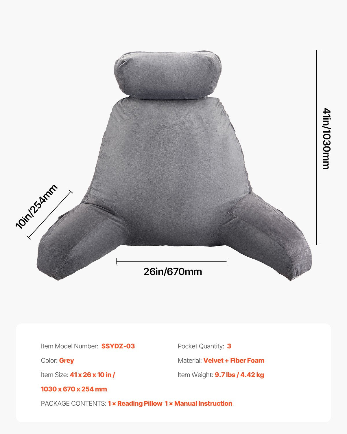 Pillows: VEVOR Reading Pillow, Large Bed Pillow with Removable Headrest, Back Pillow with 3 Pockets, Shredded Memory Foam and Washable Short Velvet Cloth, Side with Handles for Reading, Gaming, Resting, Grey