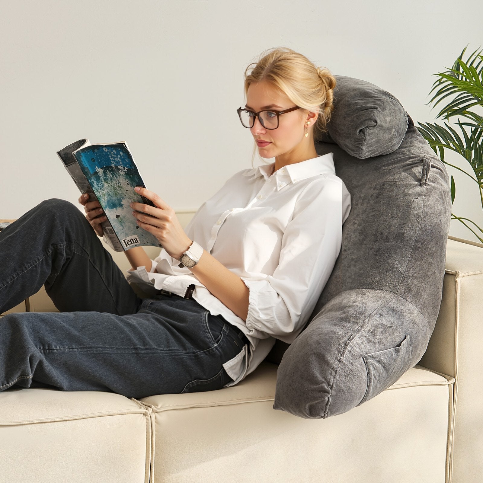 Pillows: VEVOR Reading Pillow, Large Bed Pillow with Removable Headrest, Back Pillow with 3 Pockets, Shredded Memory Foam and Washable Short Velvet Cloth, Side with Handles for Reading, Gaming, Resting, Grey