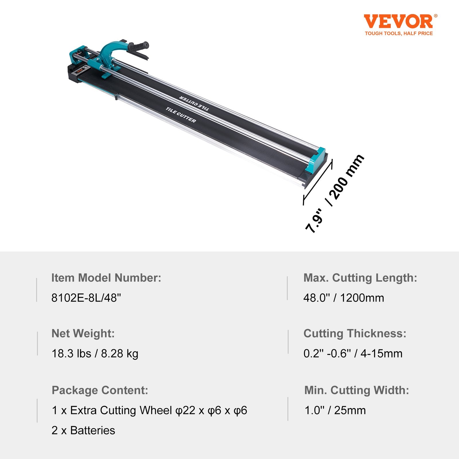 Saw Accessories: VEVOR Manual Tile Cutter, 1200mm, Porcelain Ceramic Tile Cutter with Tungsten Carbide Cutting Wheel, Infrared Positioning, Anti-Skid Feet, Double Rails for professional installers or beginners