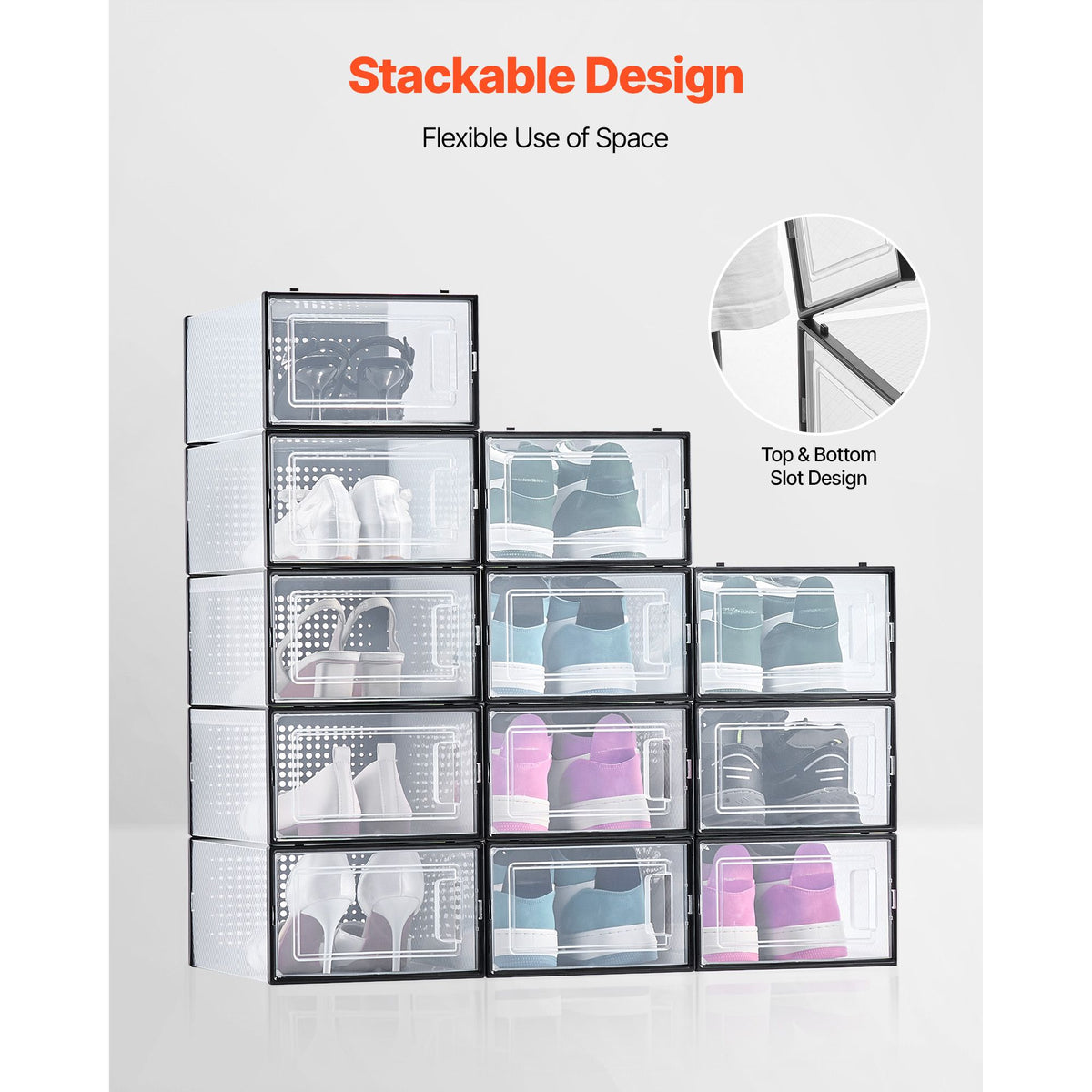 Shoe Storage Boxes, 12 Pack Stackable Shoe Boxes Storage Organizers, Fit up to US Size 11, Plastic Modular Space Saving Sneaker Containers for Storing High Heels, Boots, and Hats, Black Frame