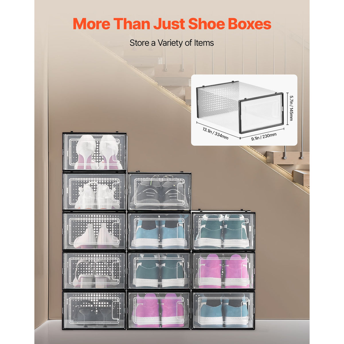 Shoe Storage Boxes, 12 Pack Stackable Shoe Boxes Storage Organizers, Fit up to US Size 11, Plastic Modular Space Saving Sneaker Containers for Storing High Heels, Boots, and Hats, Black Frame