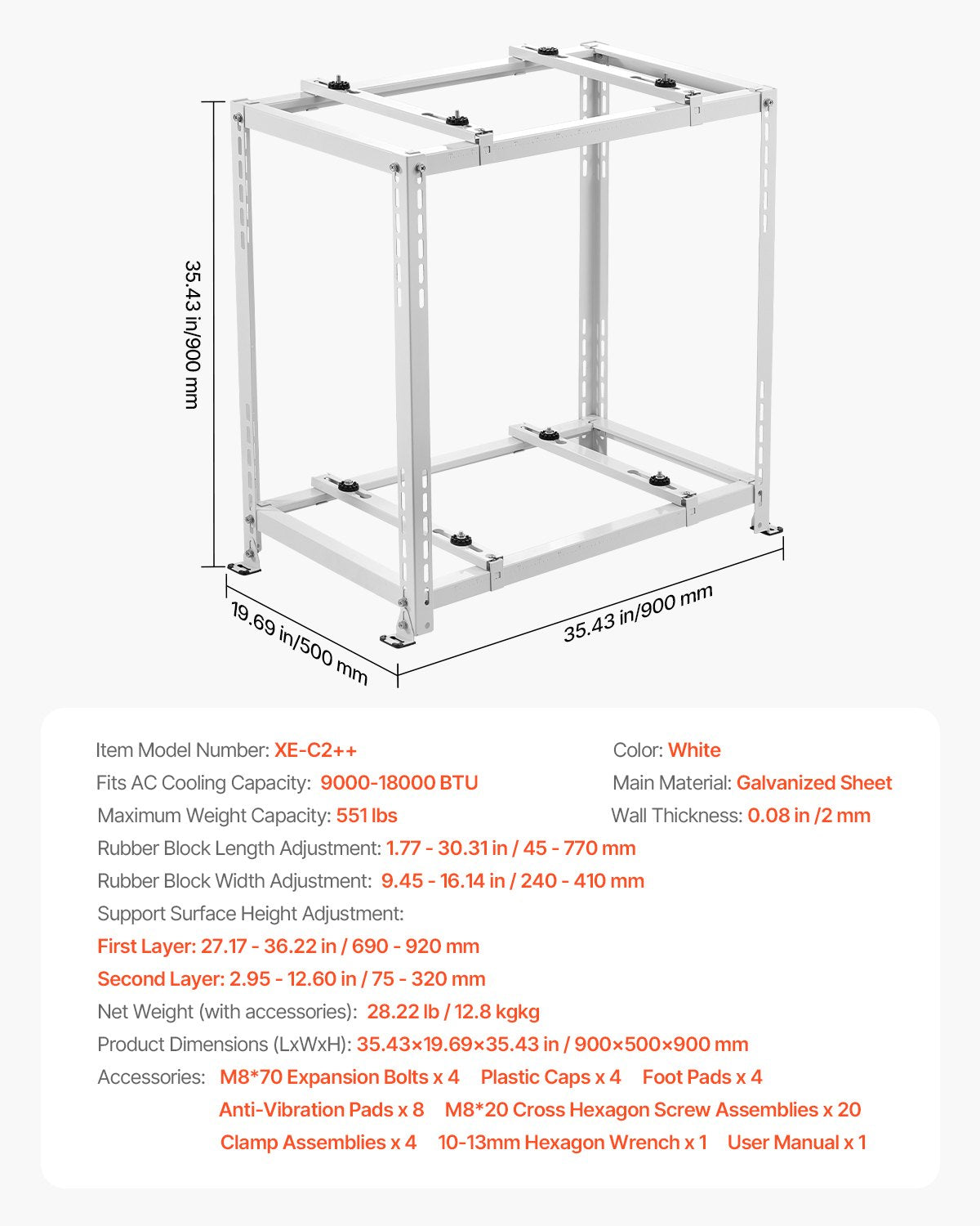 Mini Split Ground Stand, Anti-Vibration Mini Split Stand for 9000-18000 BTU Ductless Air Conditioner Heat Pump, Heavy Duty AC Base Bracket Floor Mount w/ 250kg Max. Load,Dual Levels