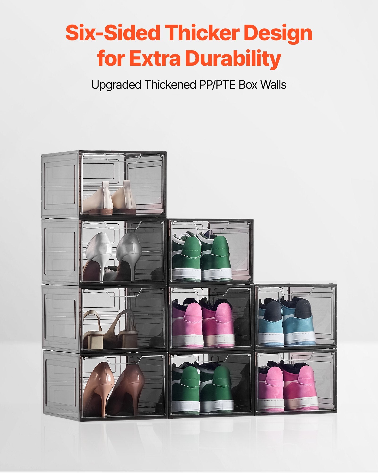 Storage Cabinets: VEVOR Shoe Storage Boxes, 9 Pack Clear Stackable Shoe Boxes Storage Organizers with Magnetic Door, Fit up to US Size 13, Plastic Sneaker Containers for High Heels, Boots, and Hats, Transparent Black