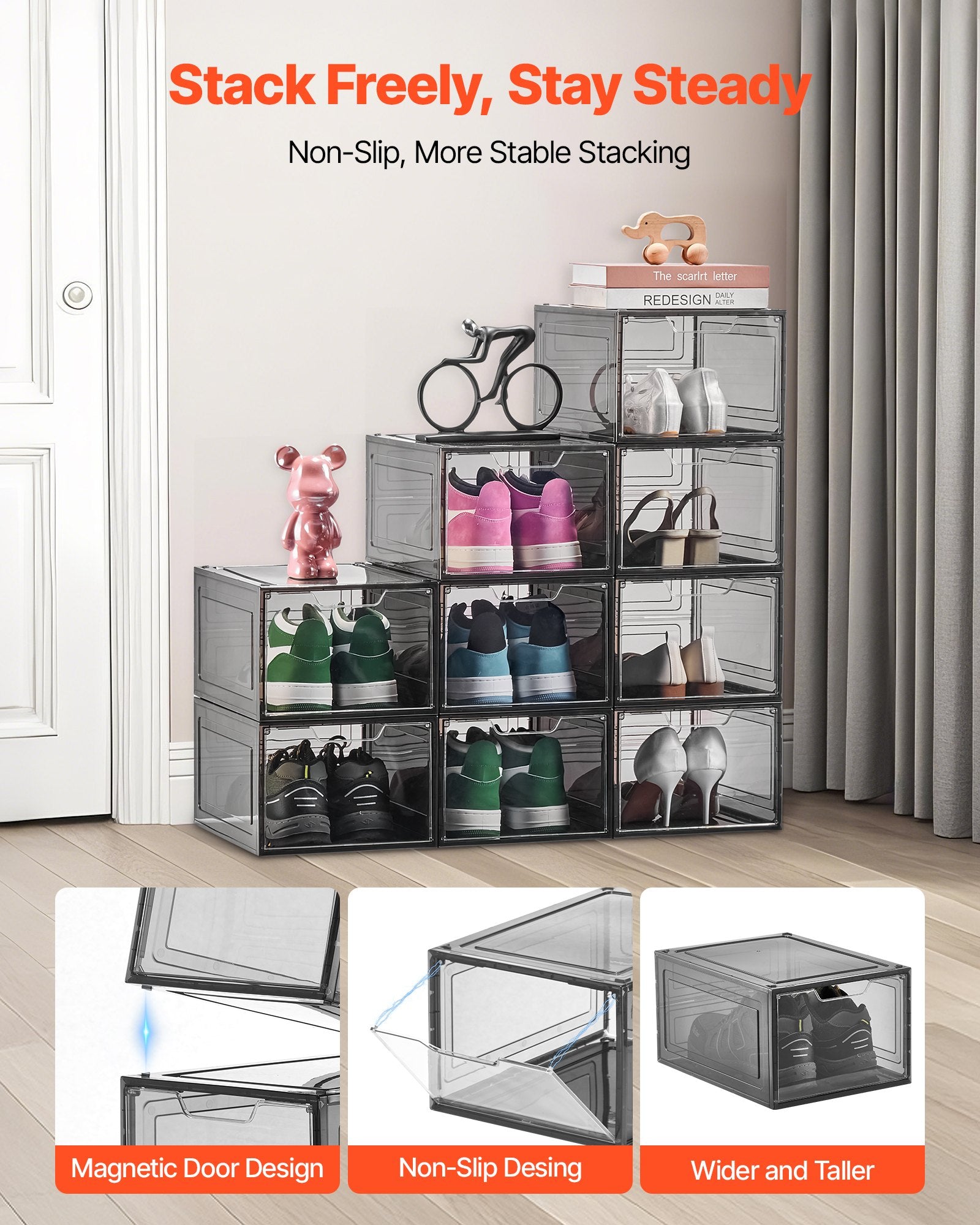 Storage Cabinets: VEVOR Shoe Storage Boxes, 9 Pack Clear Stackable Shoe Boxes Storage Organizers with Magnetic Door, Fit up to US Size 13, Plastic Sneaker Containers for High Heels, Boots, and Hats, Transparent Black