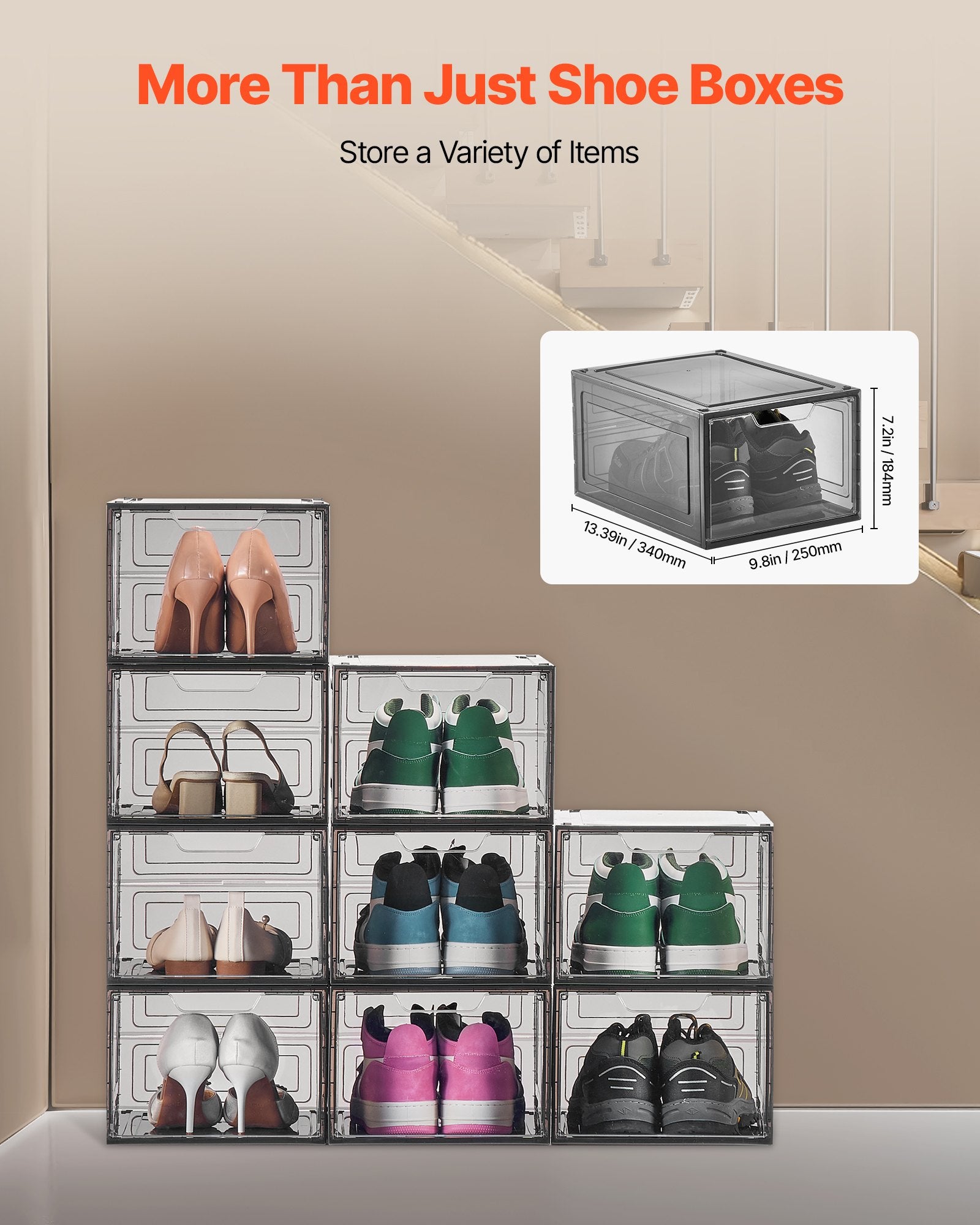 Storage Cabinets: VEVOR Shoe Storage Boxes, 9 Pack Clear Stackable Shoe Boxes Storage Organizers with Magnetic Door, Fit up to US Size 13, Plastic Sneaker Containers for High Heels, Boots, and Hats, Transparent Black