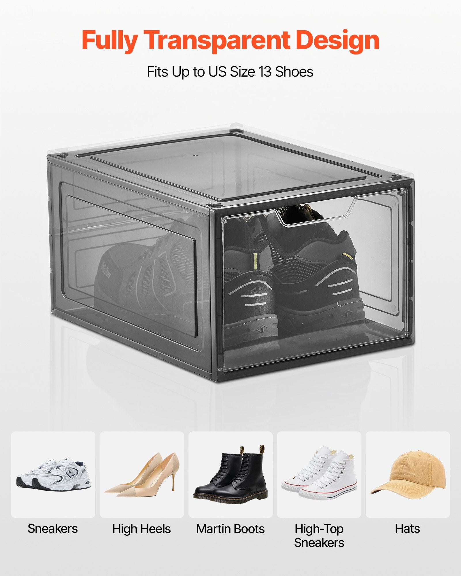 Storage Cabinets: VEVOR Shoe Storage Boxes, 9 Pack Clear Stackable Shoe Boxes Storage Organizers with Magnetic Door, Fit up to US Size 13, Plastic Sneaker Containers for High Heels, Boots, and Hats, Transparent Black