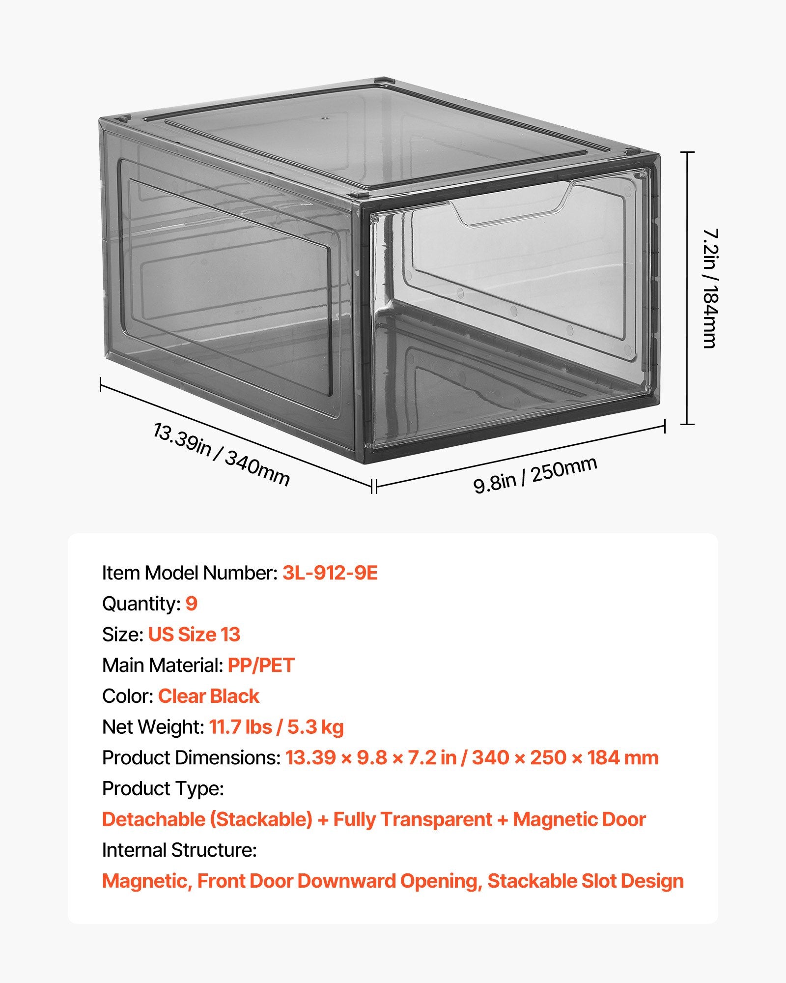 Storage Cabinets: VEVOR Shoe Storage Boxes, 9 Pack Clear Stackable Shoe Boxes Storage Organizers with Magnetic Door, Fit up to US Size 13, Plastic Sneaker Containers for High Heels, Boots, and Hats, Transparent Black