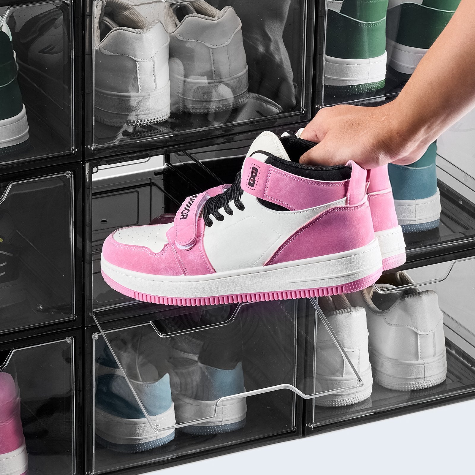 Storage Cabinets: VEVOR Shoe Storage Boxes, 9 Pack Clear Stackable Shoe Boxes Storage Organizers with Magnetic Door, Fit up to US Size 13, Plastic Sneaker Containers for High Heels, Boots, and Hats, Transparent Black