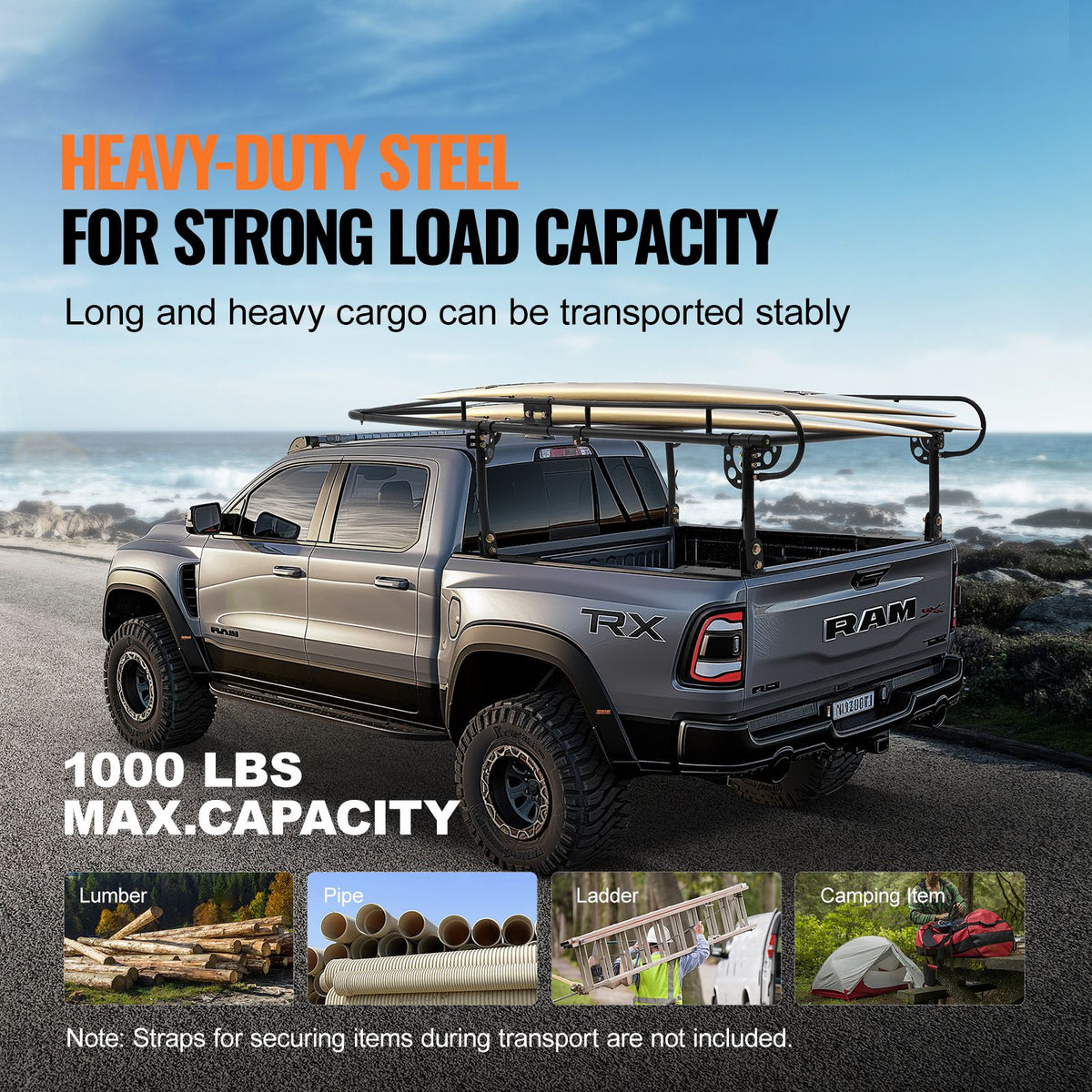 Truck Ladder Rack, 1000 LBS / 454 KG Strong Capacity Truck Racks, Non-Drilling / Drilling Installation for Long or Heavy Cargo, 43.3-63 inch Adjustable Width for Kayak, Ladder, Surfboard, Lumber