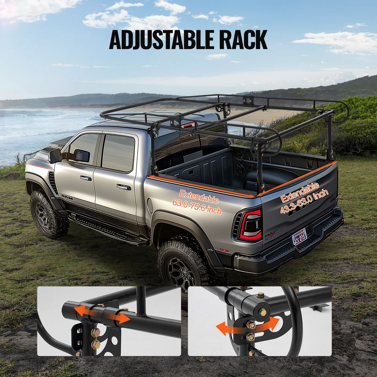Truck Ladder Rack, 1000 LBS / 454 KG Strong Capacity Truck Racks, Non-Drilling / Drilling Installation for Long or Heavy Cargo, 43.3-63 inch Adjustable Width for Kayak, Ladder, Surfboard, Lumber