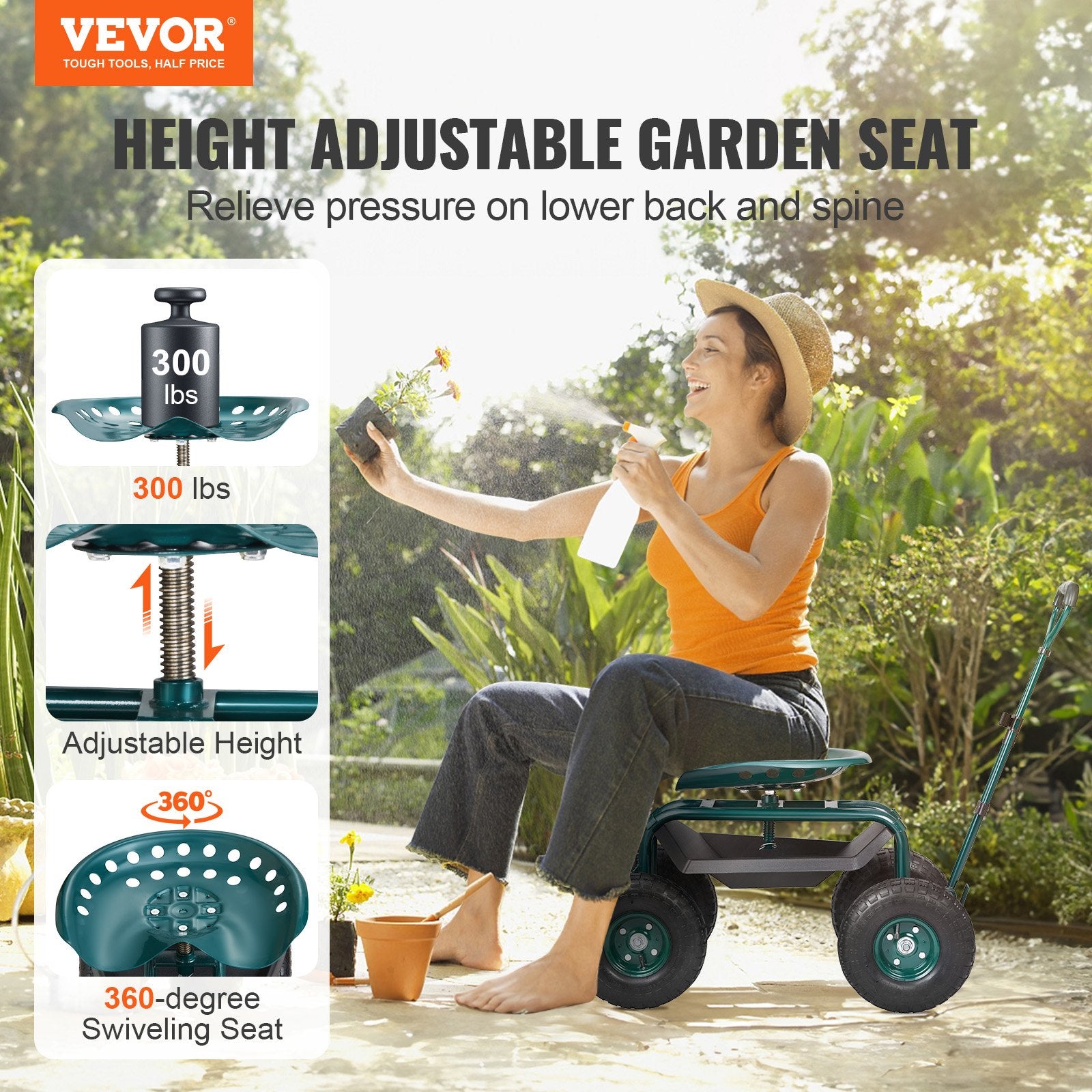 Gardening Tools: VEVOR Garden Cart Rolling Workseat with Wheels, Gardening Stool for Planting, 360 Degree Swivel Seat, Wagon Scooter with Steering Handle & Utility Tool Tray, Use for Patio, Yard, and Outdoors, Green