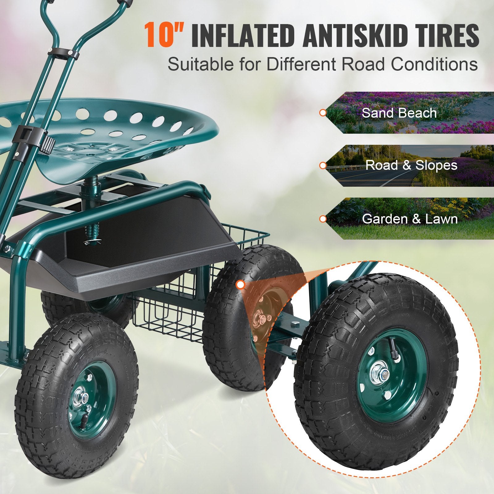 Gardening Tools: VEVOR Garden Cart Rolling Workseat with Wheels, Gardening Stool for Planting, 360 Degree Swivel Seat, Wagon Scooter with Steering Handle & Utility Tool Tray, Use for Patio, Yard, and Outdoors, Green