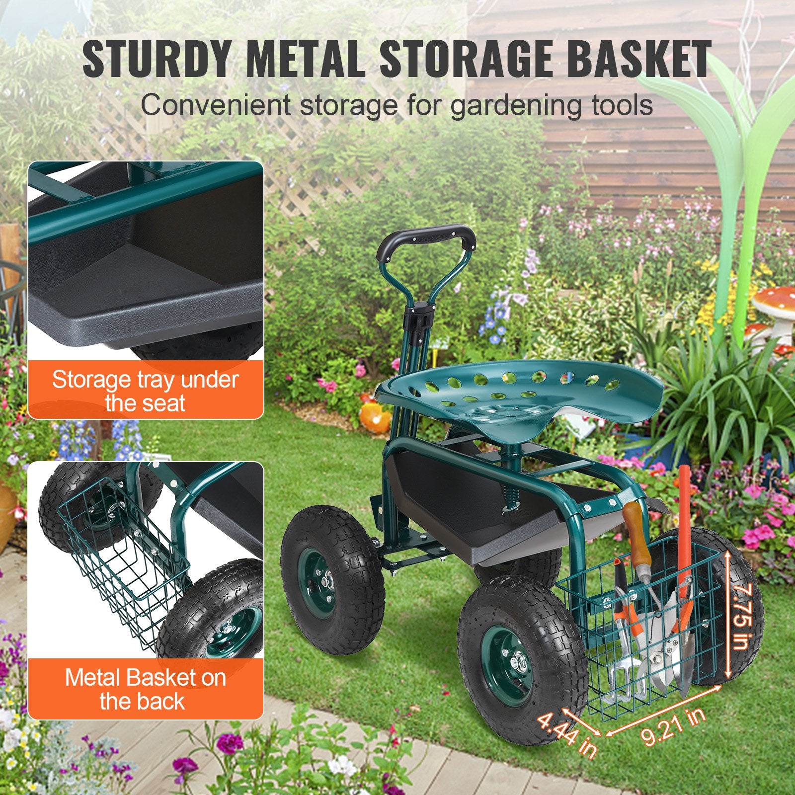 Gardening Tools: VEVOR Garden Cart Rolling Workseat with Wheels, Gardening Stool for Planting, 360 Degree Swivel Seat, Wagon Scooter with Steering Handle & Utility Tool Tray, Use for Patio, Yard, and Outdoors, Green