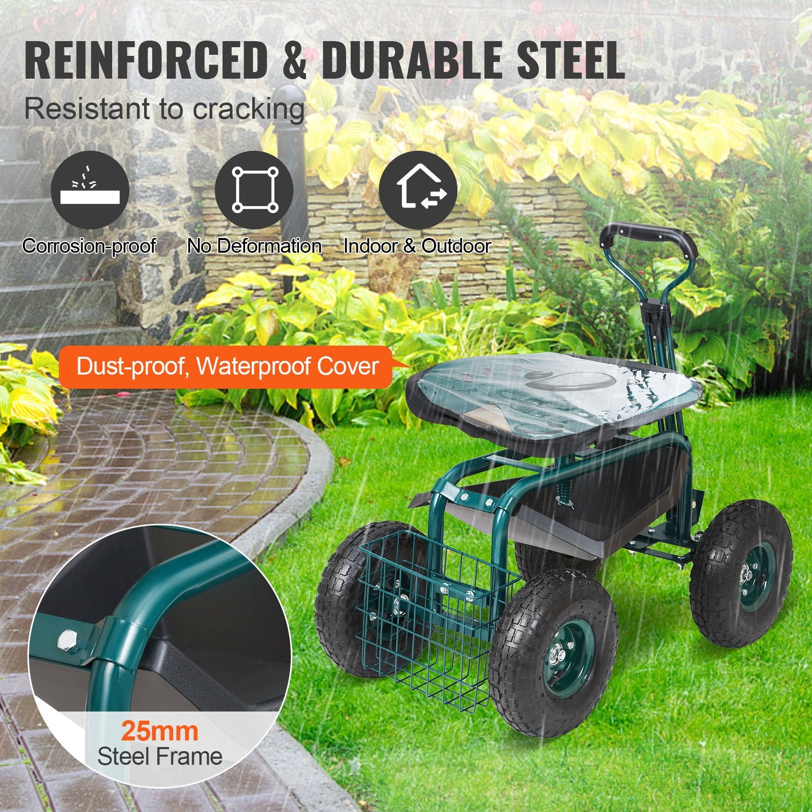 Gardening Tools: VEVOR Garden Cart Rolling Workseat with Wheels, Gardening Stool for Planting, 360 Degree Swivel Seat, Wagon Scooter with Steering Handle & Utility Tool Tray, Use for Patio, Yard, and Outdoors, Green