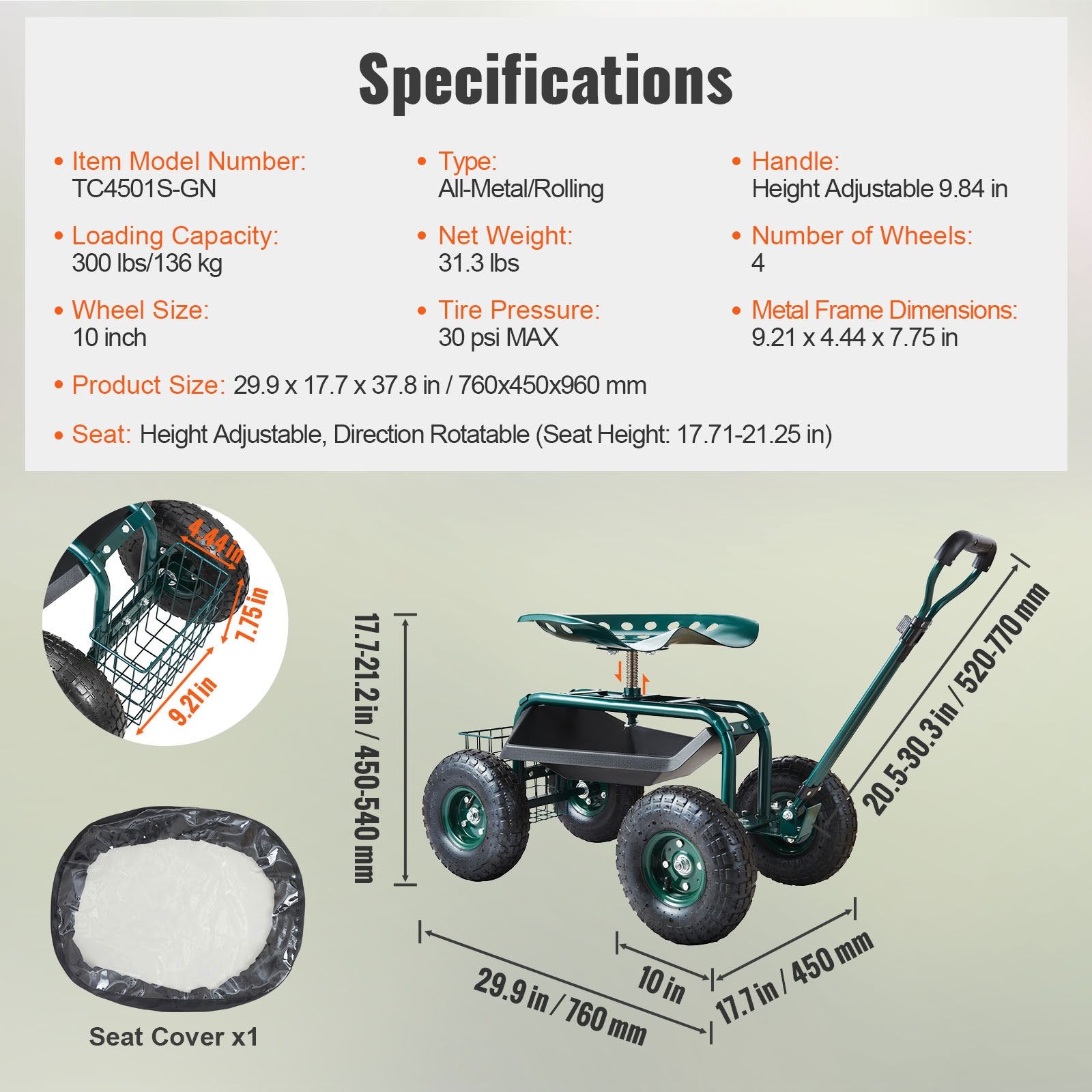 Gardening Tools: VEVOR Garden Cart Rolling Workseat with Wheels, Gardening Stool for Planting, 360 Degree Swivel Seat, Wagon Scooter with Steering Handle & Utility Tool Tray, Use for Patio, Yard, and Outdoors, Green