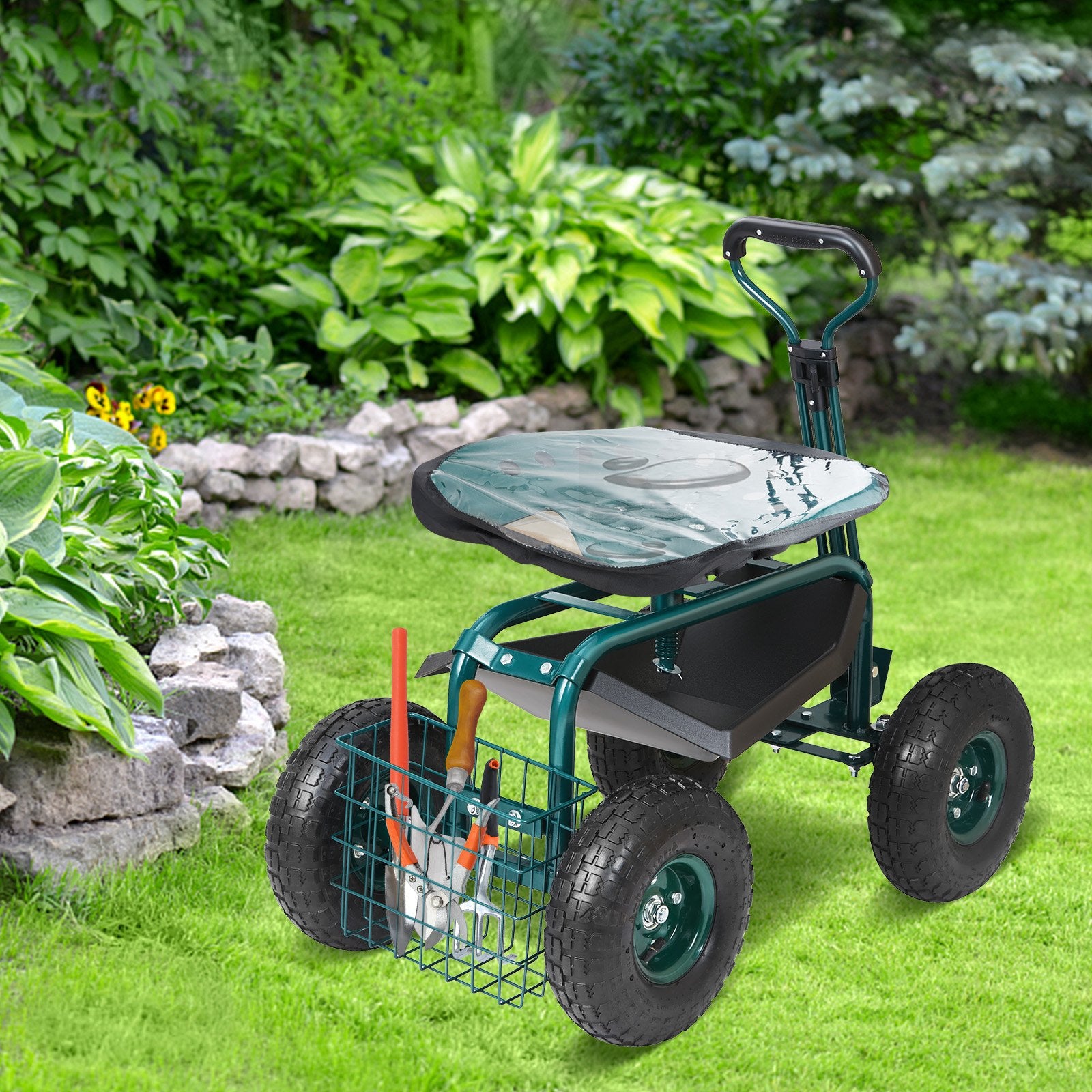 Gardening Tools: VEVOR Garden Cart Rolling Workseat with Wheels, Gardening Stool for Planting, 360 Degree Swivel Seat, Wagon Scooter with Steering Handle & Utility Tool Tray, Use for Patio, Yard, and Outdoors, Green