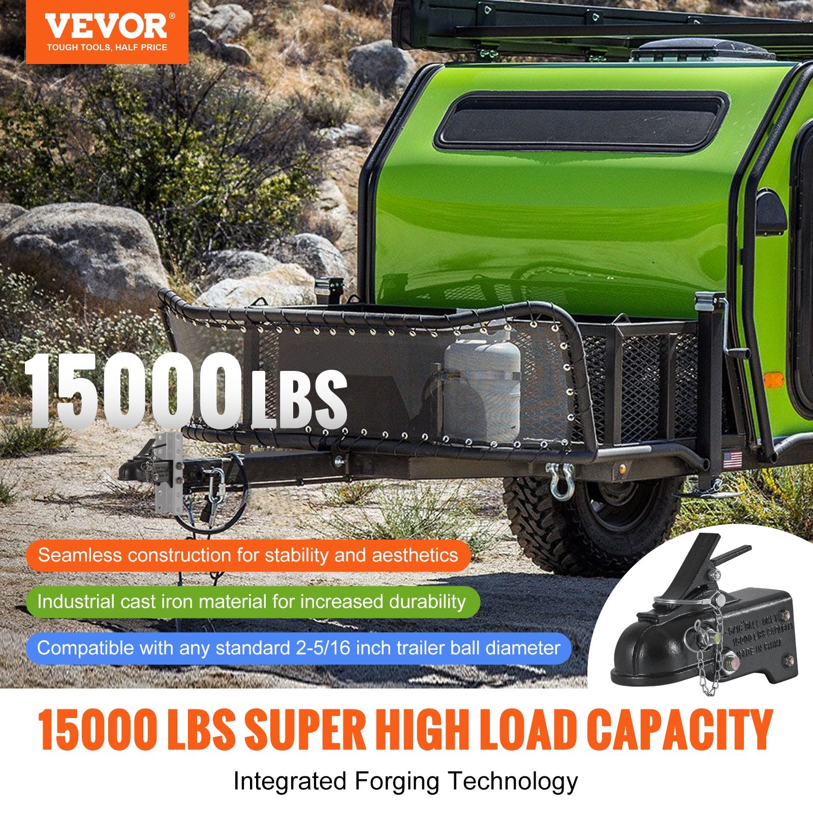 Automotive Repair & Speciality Tools: VEVOR Adjustable Trailer Coupler, 2-5/16" Hitch Ball, 15000 lbs Capacity, Heavy Duty Cast Channel-Mount Coupler with Hardware Kit, Ideal for Towing Station Wagons, Pickup Trucks, SUVs, Black Coating