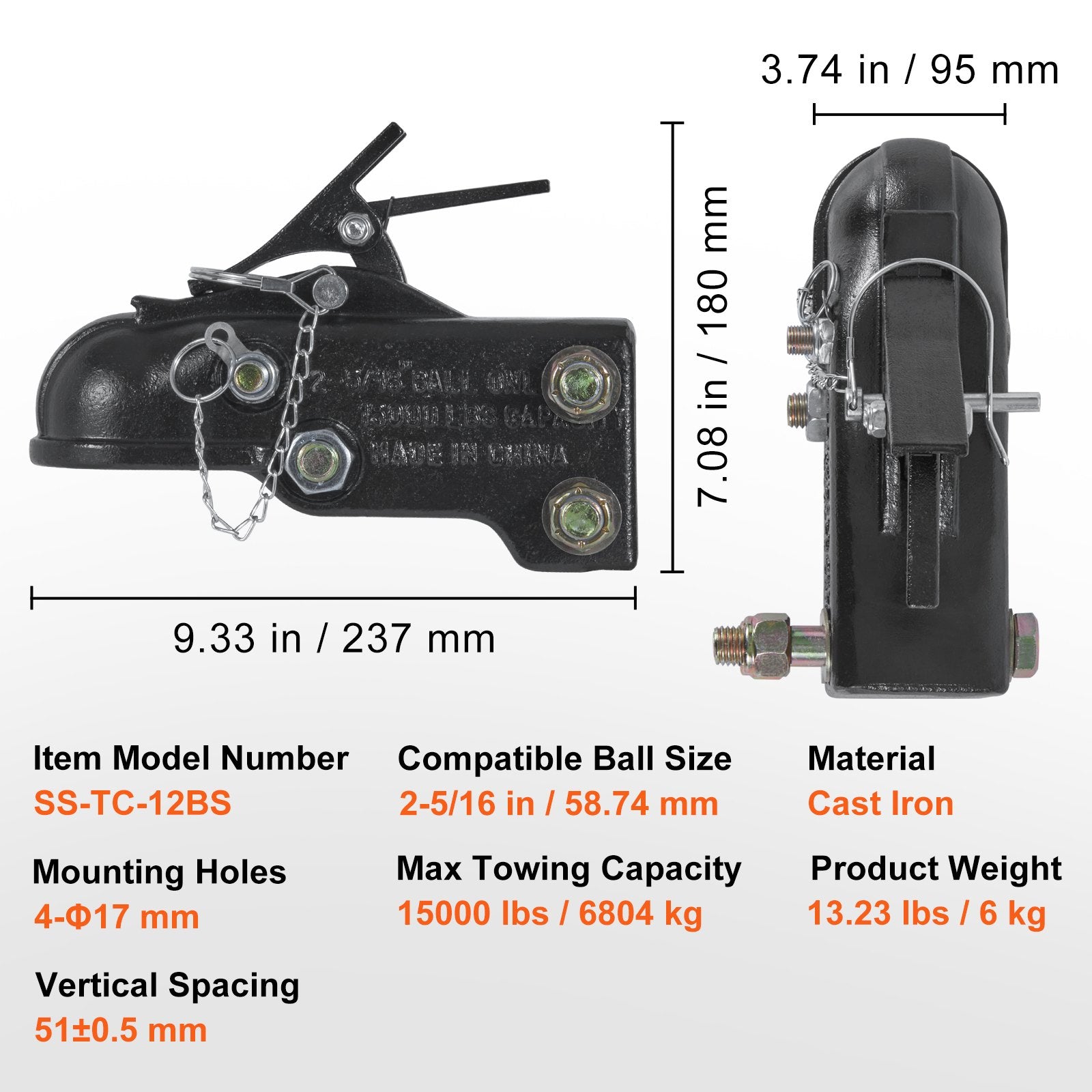 Automotive Repair & Speciality Tools: VEVOR Adjustable Trailer Coupler, 2-5/16" Hitch Ball, 15000 lbs Capacity, Heavy Duty Cast Channel-Mount Coupler with Hardware Kit, Ideal for Towing Station Wagons, Pickup Trucks, SUVs, Black Coating