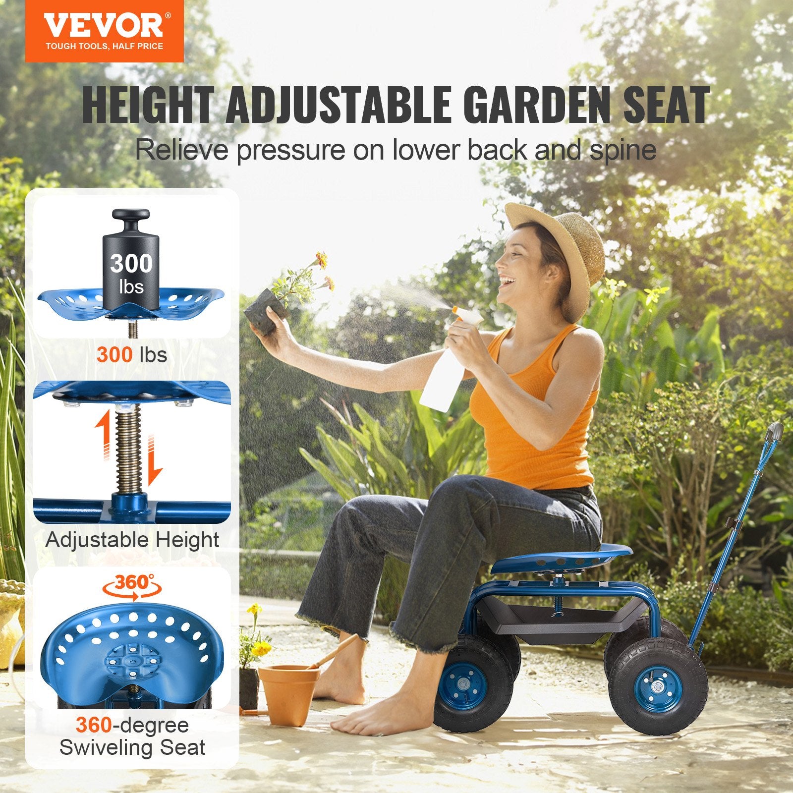 Mobility & Accessibility: VEVOR Rolling Garden Cart with Seat and Wheels Extendable Steer Handle Blue
