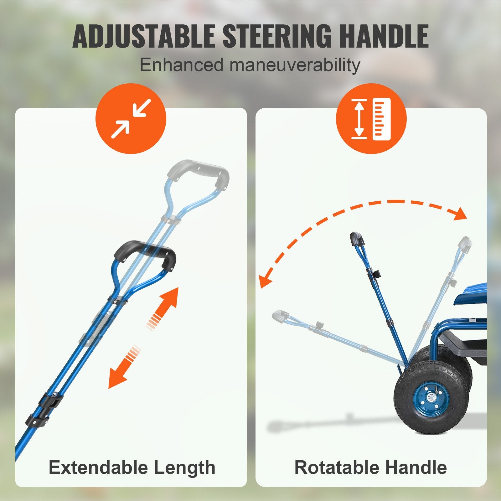Mobility & Accessibility: VEVOR Rolling Garden Cart with Seat and Wheels Extendable Steer Handle Blue