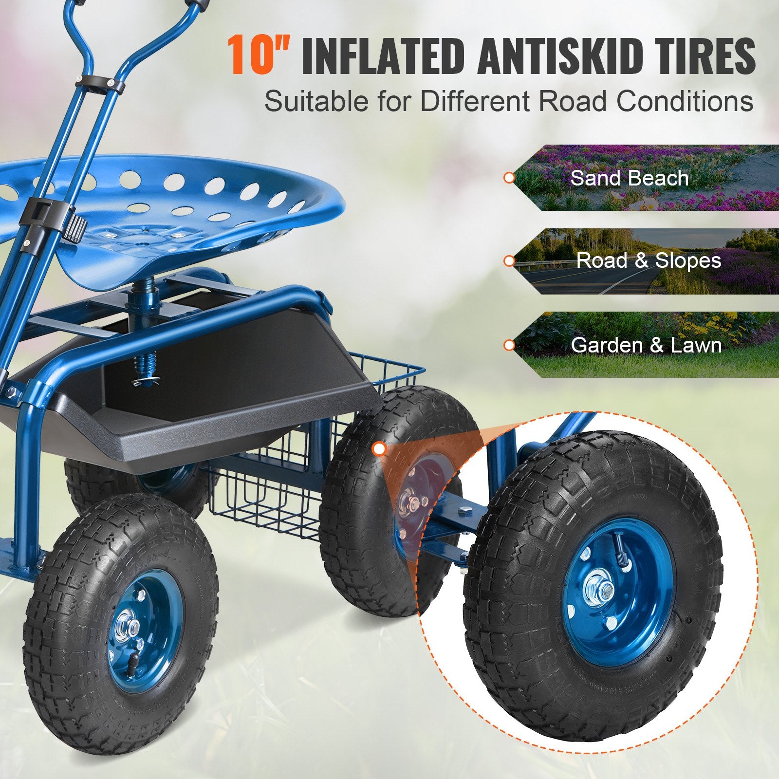 Mobility & Accessibility: VEVOR Rolling Garden Cart with Seat and Wheels Extendable Steer Handle Blue