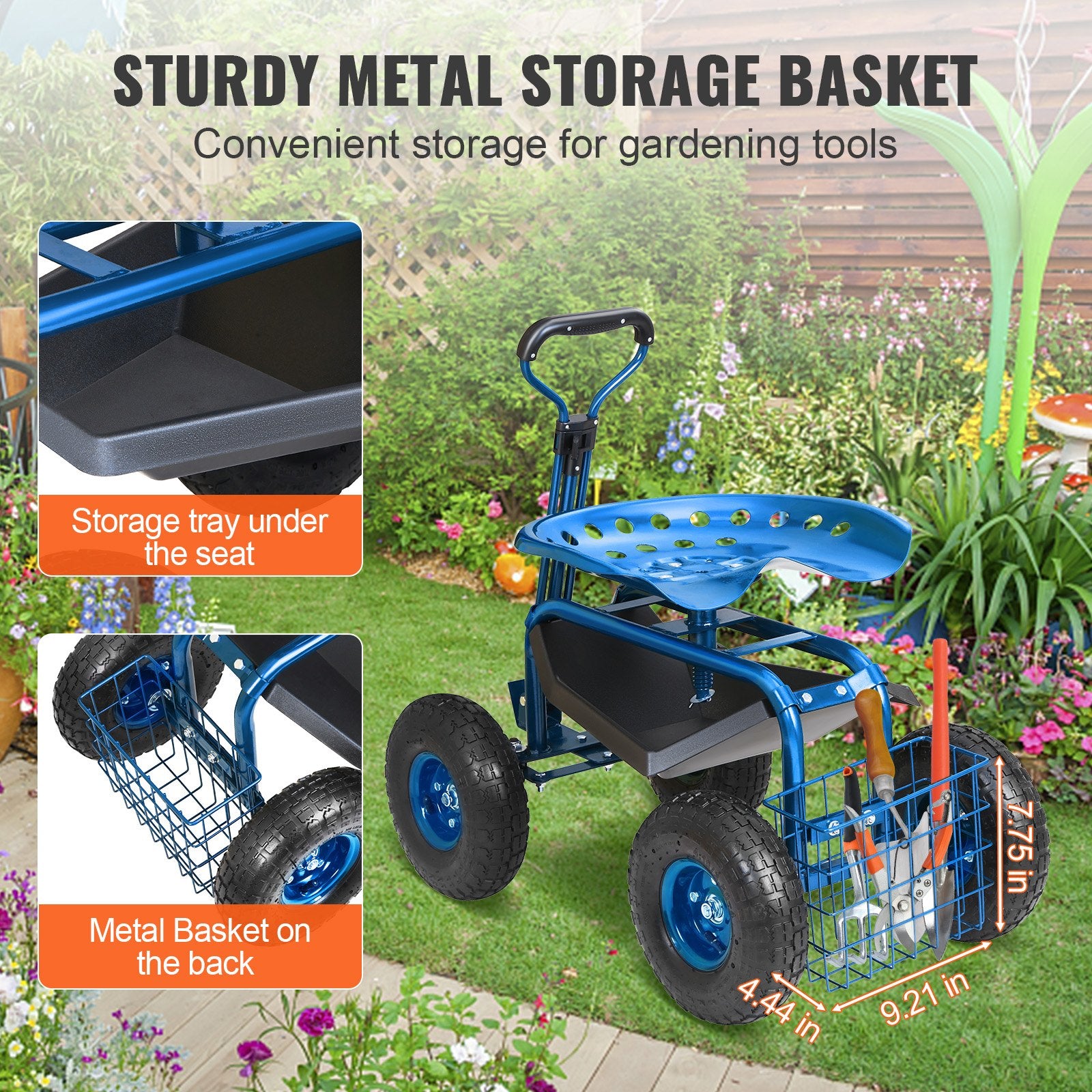 Mobility & Accessibility: VEVOR Rolling Garden Cart with Seat and Wheels Extendable Steer Handle Blue