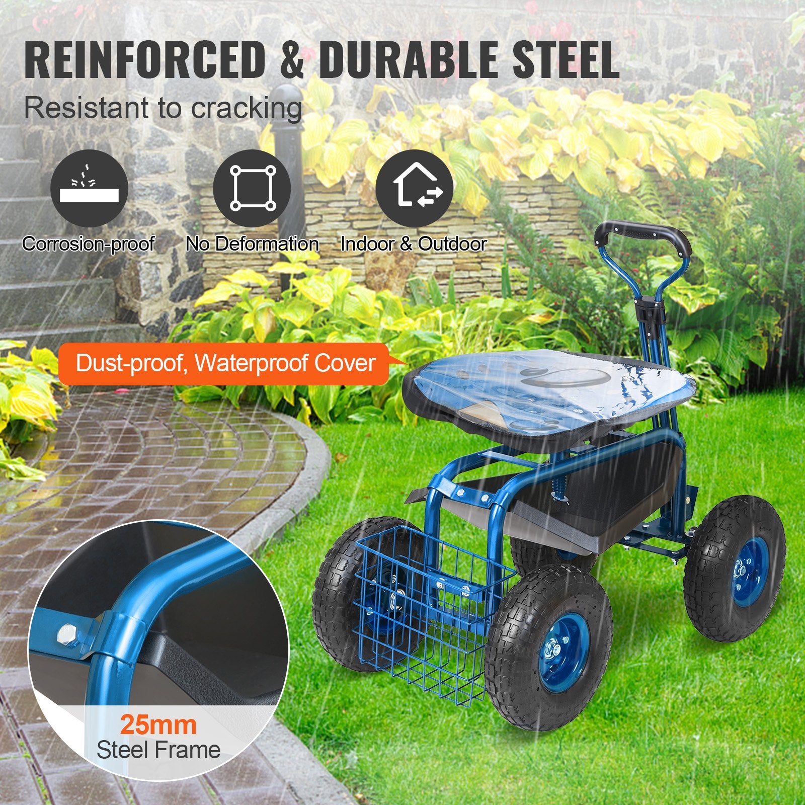 Mobility & Accessibility: VEVOR Rolling Garden Cart with Seat and Wheels Extendable Steer Handle Blue
