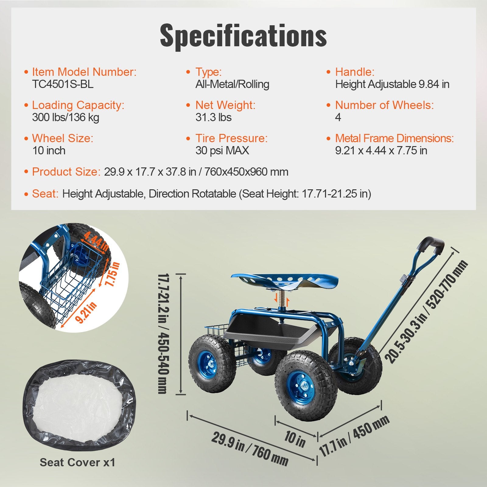 Mobility & Accessibility: VEVOR Rolling Garden Cart with Seat and Wheels Extendable Steer Handle Blue