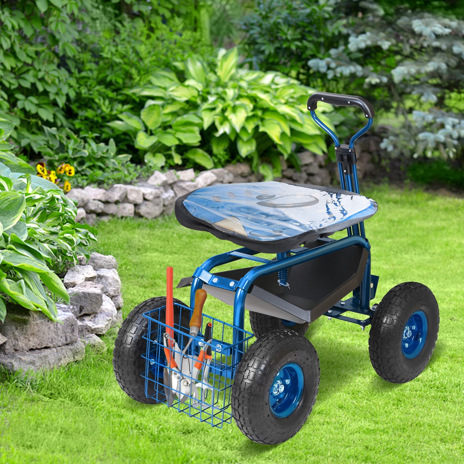 Mobility & Accessibility: VEVOR Rolling Garden Cart with Seat and Wheels Extendable Steer Handle Blue