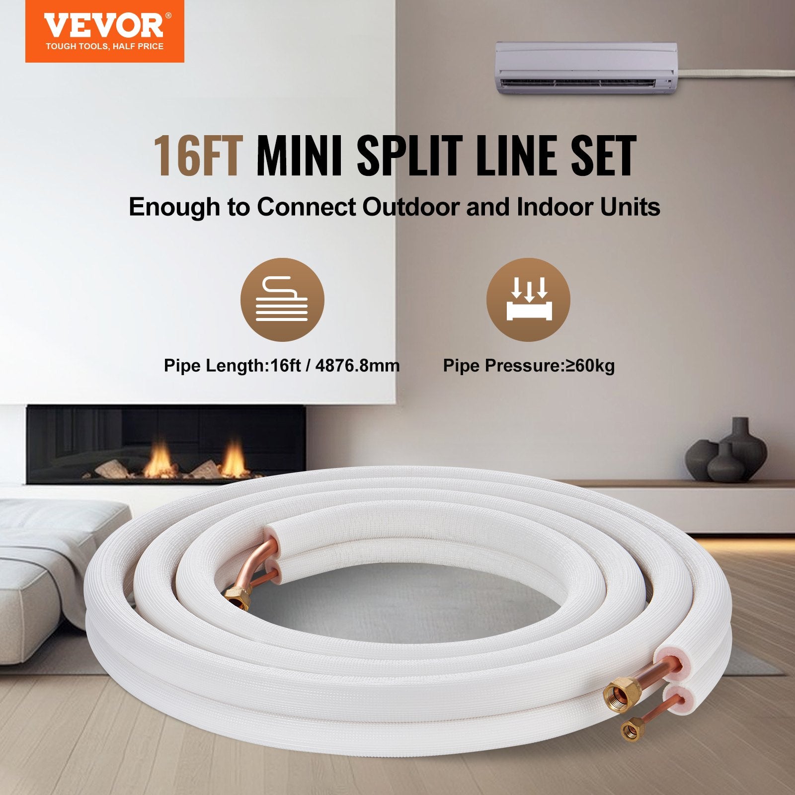 Automotive Repair & Speciality Tools: VEVOR 4876.8mm Mini Split Line Set, 6.4 & 12.7mm O.D Copper Pipes Tubing and Triple-Layer Insulation, for Air Conditioning or Heating Pump Equipment & HVAC with Rich Accessories (18ft Connection Cable