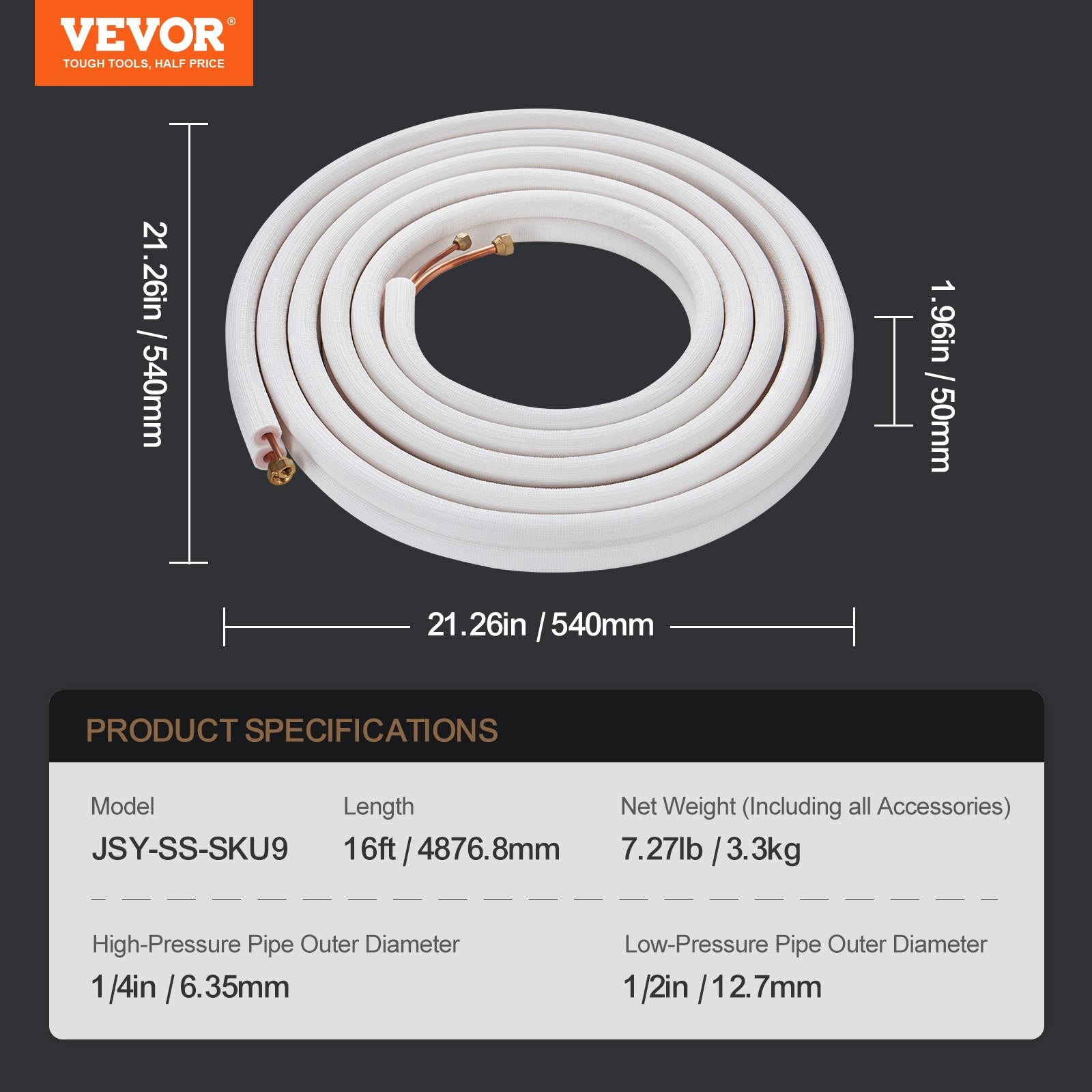 Automotive Repair & Speciality Tools: VEVOR 4876.8mm Mini Split Line Set, 6.4 & 12.7mm O.D Copper Pipes Tubing and Triple-Layer Insulation, for Air Conditioning or Heating Pump Equipment & HVAC with Rich Accessories (18ft Connection Cable