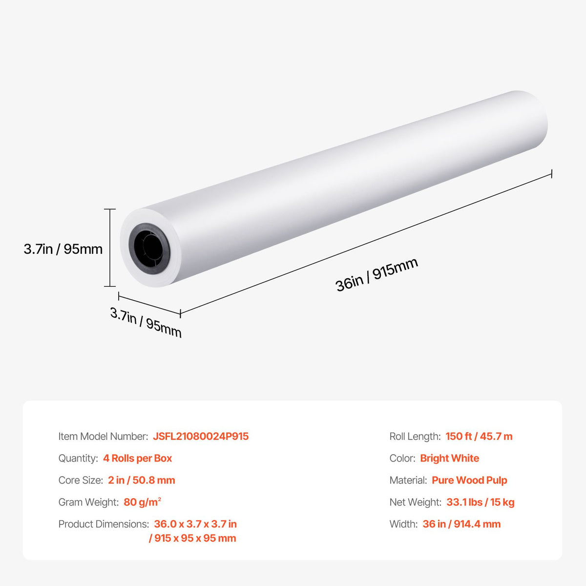 Wide Format Paper, 914.4 mm x 45.7 m Plotter Paper, 4 Rolls CAD Bond Rolls with 50.8 mm Core, 15 KG Plotter Paper Rolls, for CAD Drawings, Engineering Plans, GIS Maps & Architectural Designs