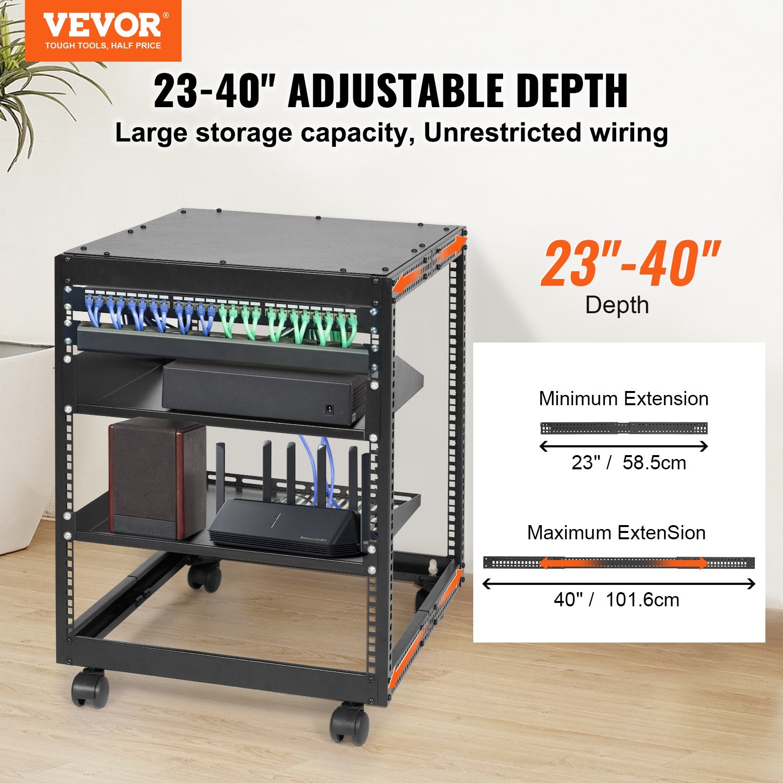 Basketball & Basketball Accessories: VEVOR 12U Open Frame Server Rack, 15''-40'' Adjustable Depth, Free Standing or Wall Mount Network Server Rack, 4 Post AV Rack with Casters, Holds All Your Networking IT Equipment AV Gear Router Modem