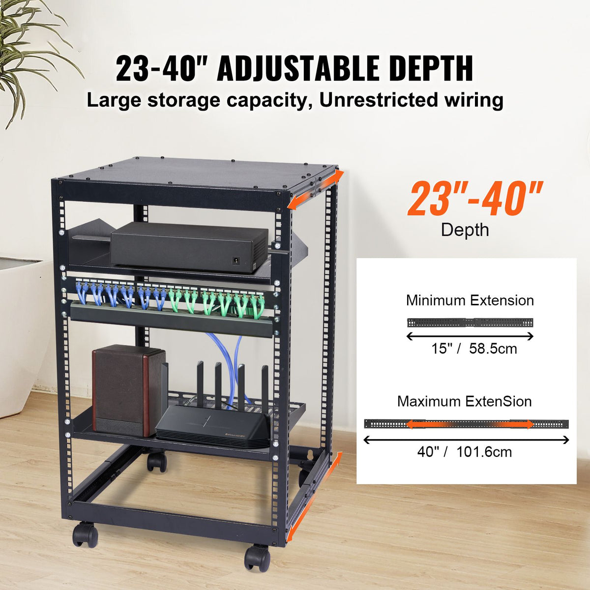 15U Open Frame Server Rack, 23-40 in Adjustable Depth, Free Standing or Wall Mount Network Server Rack, 4 Post AV Rack with Casters, Holds All Your Networking IT Equipment AV Gear Router Modem