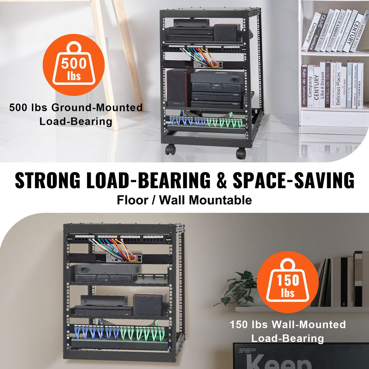15U Open Frame Server Rack, 23-40 in Adjustable Depth, Free Standing or Wall Mount Network Server Rack, 4 Post AV Rack with Casters, Holds All Your Networking IT Equipment AV Gear Router Modem