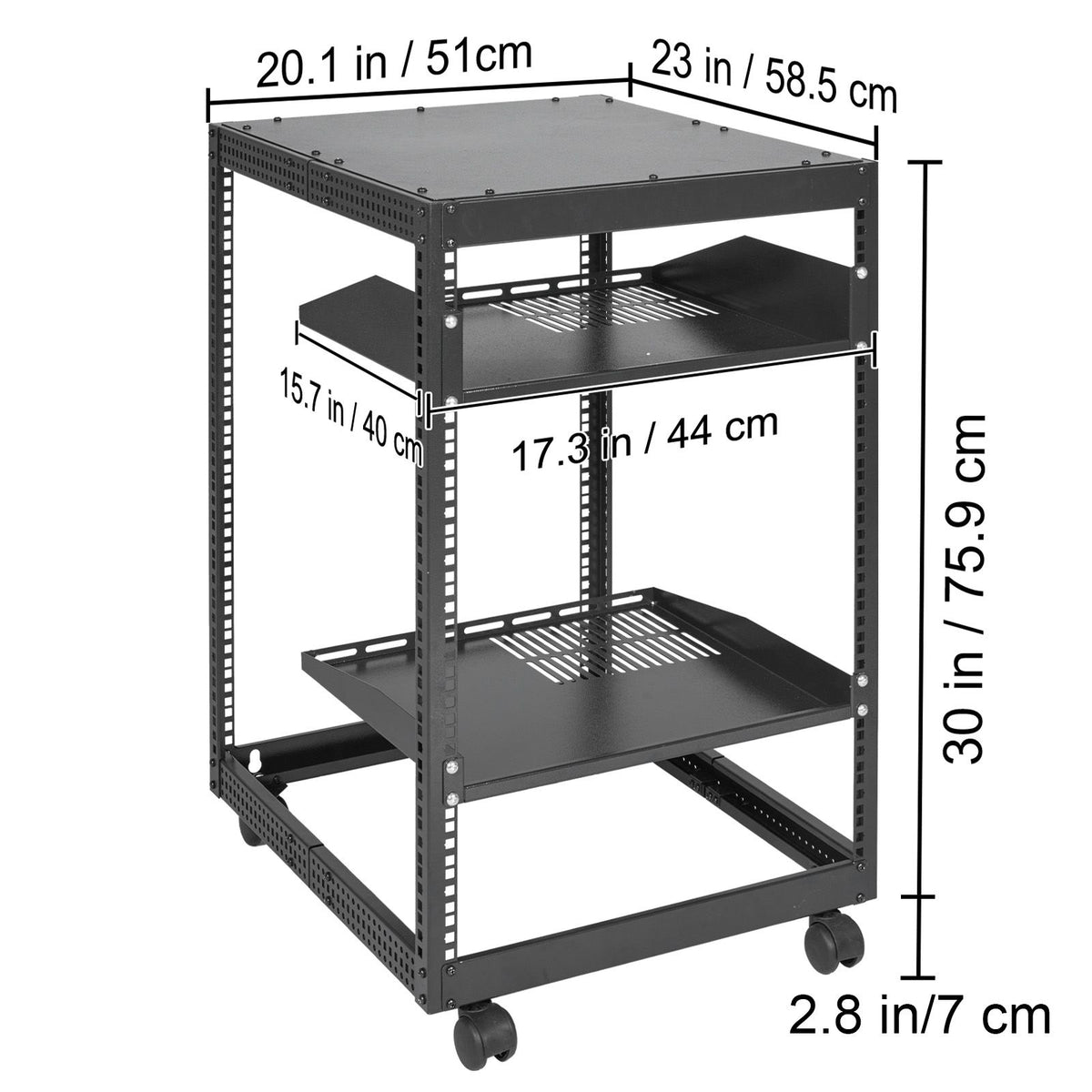 15U Open Frame Server Rack, 23-40 in Adjustable Depth, Free Standing or Wall Mount Network Server Rack, 4 Post AV Rack with Casters, Holds All Your Networking IT Equipment AV Gear Router Modem