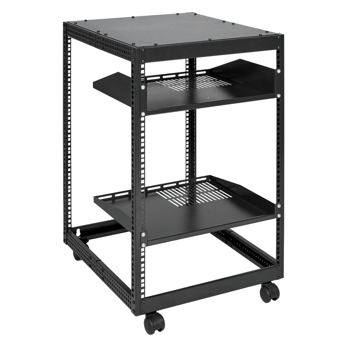 15U Open Frame Server Rack, 23-40 in Adjustable Depth, Free Standing or Wall Mount Network Server Rack, 4 Post AV Rack with Casters, Holds All Your Networking IT Equipment AV Gear Router Modem