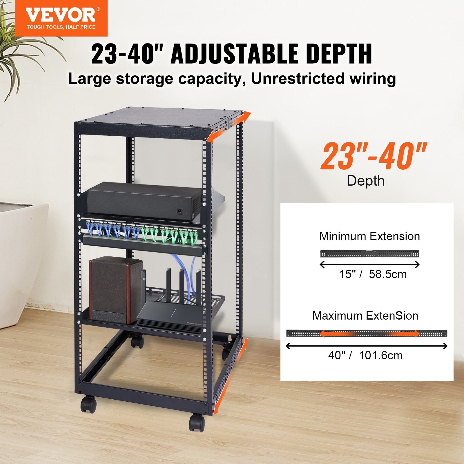 Basketball & Basketball Accessories: VEVOR 20U Open Frame Server Rack, 15''-40'' Adjustable Depth, Free Standing or Wall Mount Network Server Rack, 4 Post AV Rack with Casters, Holds All Your Networking IT Equipment AV Gear Router Modem