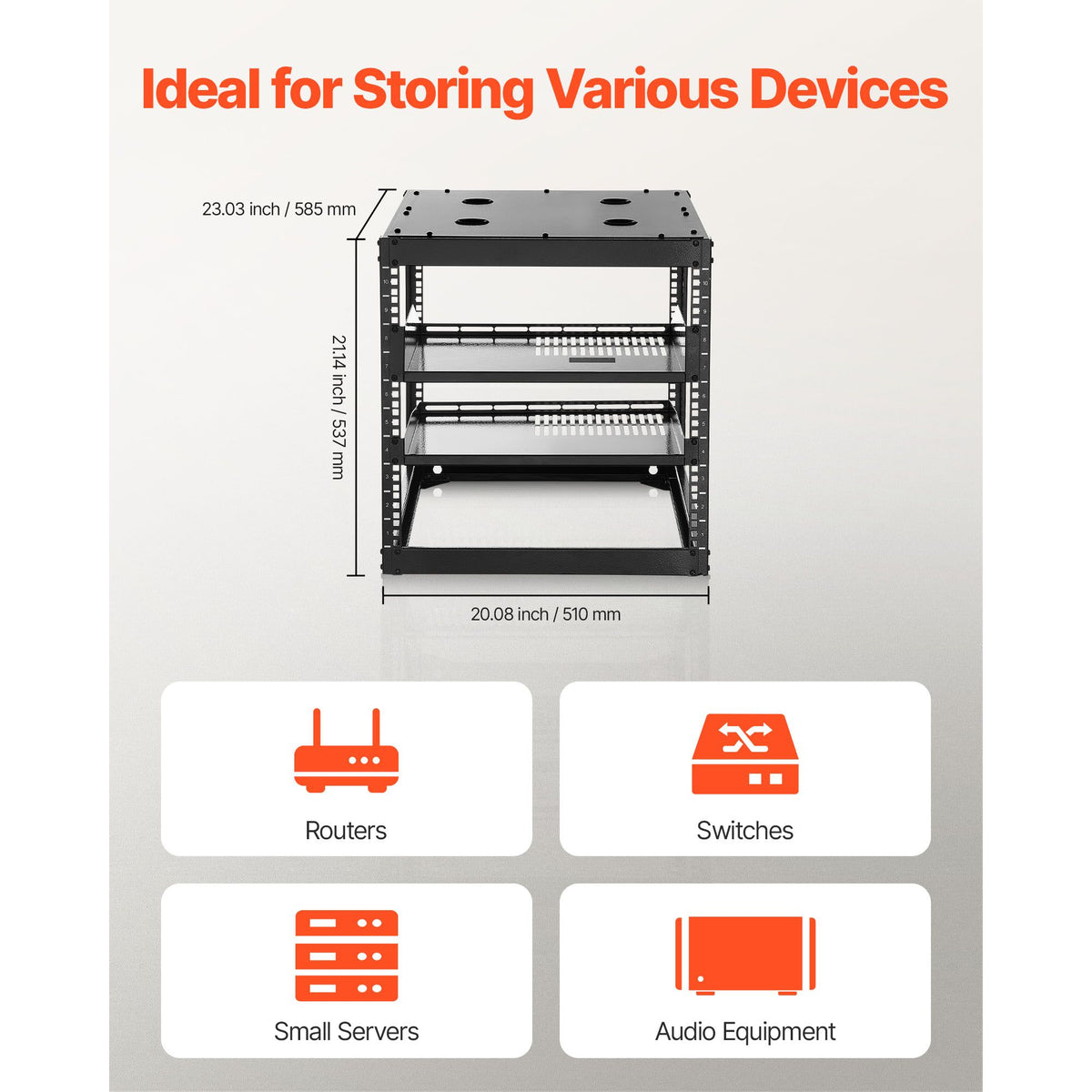 10U Open Frame Network Rack, 585 mm Depth, Wall Mounted or Floor Standing Server Rack, Heavy Duty 4 Post, with Vented Shelves & Mounting Hardware, Holds All Your Networking IT Equipment AV Gear