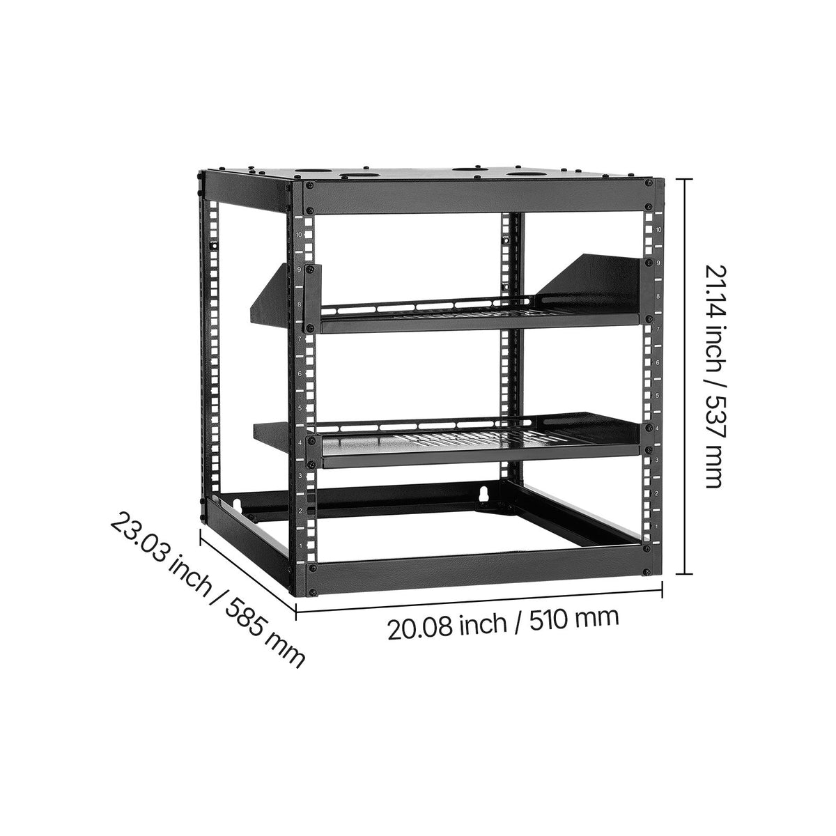 10U Open Frame Network Rack, 585 mm Depth, Wall Mounted or Floor Standing Server Rack, Heavy Duty 4 Post, with Vented Shelves & Mounting Hardware, Holds All Your Networking IT Equipment AV Gear
