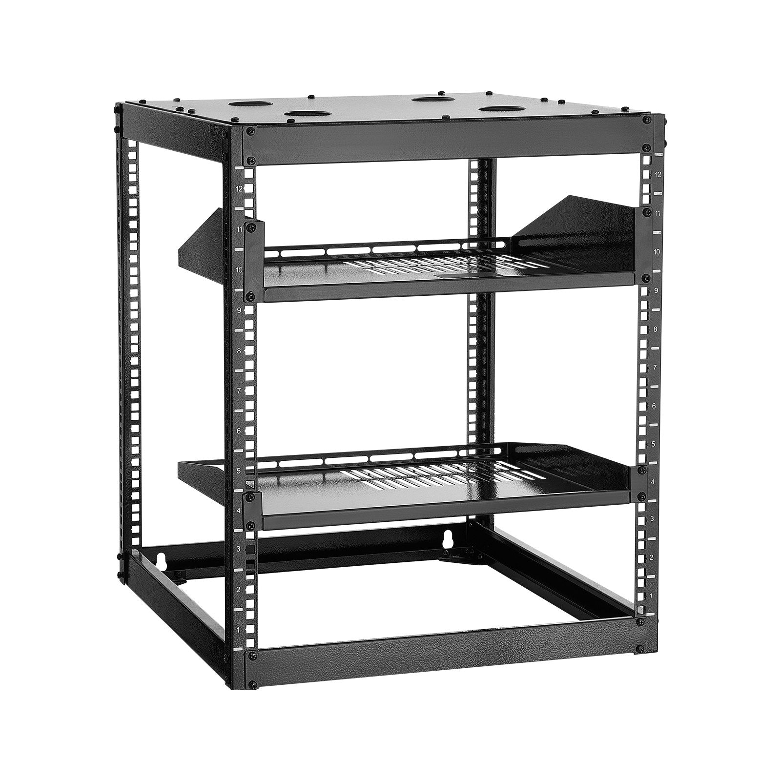 Desktops & Accessories: VEVOR 12U Open Frame Network Rack, 585 mm Depth, Wall Mounted or Floor Standing Server Rack, Heavy Duty 4 Post, with Vented Shelves & Mounting Hardware, Holds All Your Networking IT Equipment AV Gear