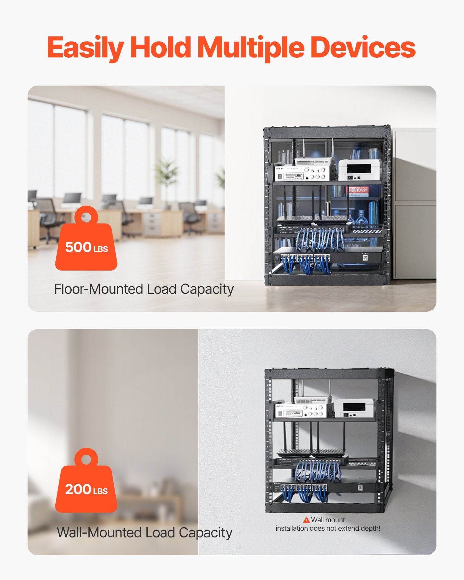 Desktops & Accessories: VEVOR 12U Open Frame Network Rack, 585 mm Depth, Wall Mounted or Floor Standing Server Rack, Heavy Duty 4 Post, with Vented Shelves & Mounting Hardware, Holds All Your Networking IT Equipment AV Gear