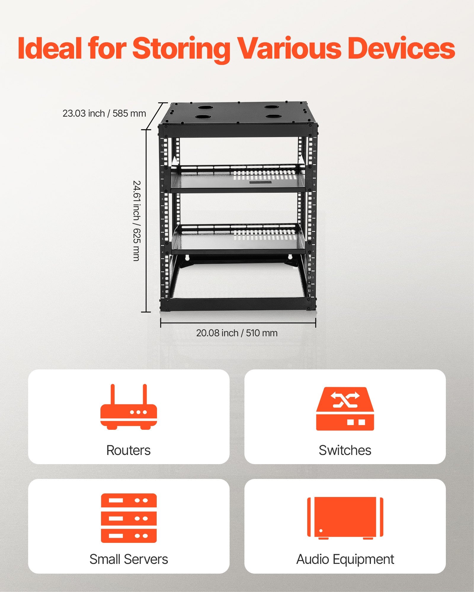 Desktops & Accessories: VEVOR 12U Open Frame Network Rack, 585 mm Depth, Wall Mounted or Floor Standing Server Rack, Heavy Duty 4 Post, with Vented Shelves & Mounting Hardware, Holds All Your Networking IT Equipment AV Gear