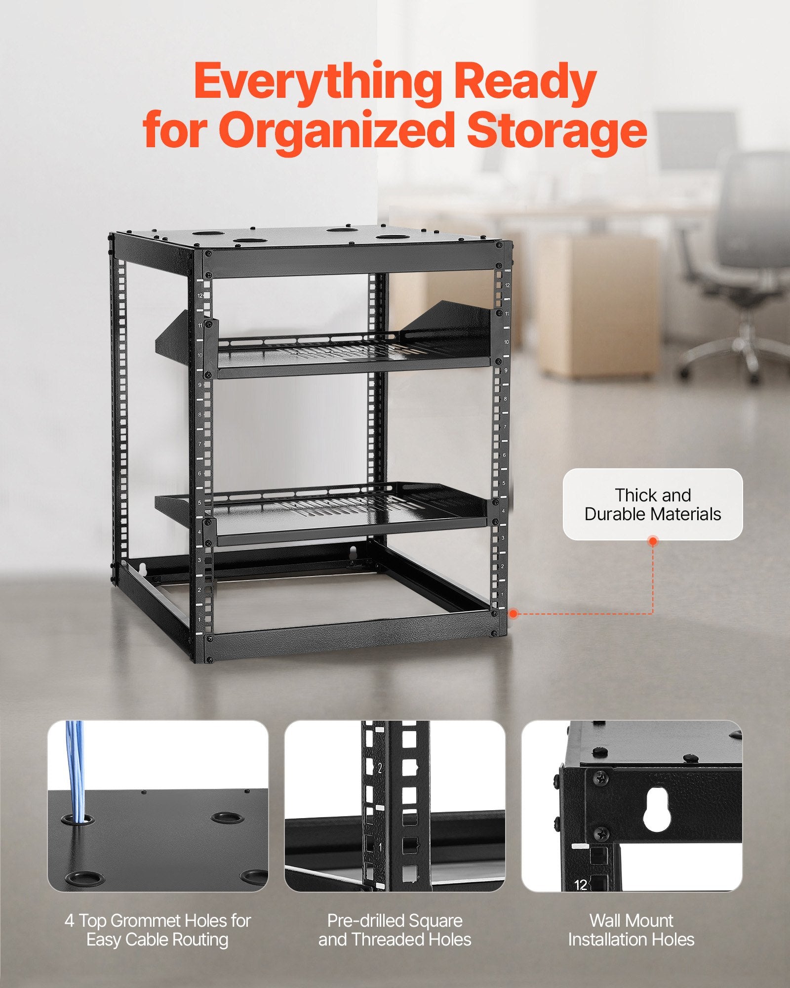 Desktops & Accessories: VEVOR 12U Open Frame Network Rack, 585 mm Depth, Wall Mounted or Floor Standing Server Rack, Heavy Duty 4 Post, with Vented Shelves & Mounting Hardware, Holds All Your Networking IT Equipment AV Gear